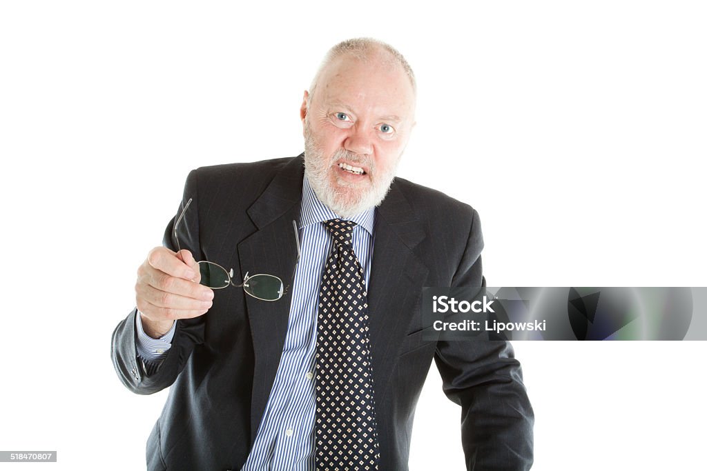 Elderly man posing on white background Elderly man is very strict on white background Adult Stock Photo