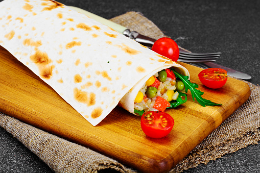 Burrito, Shawarma Lavash with Chicken and Vegetables Studio Photo