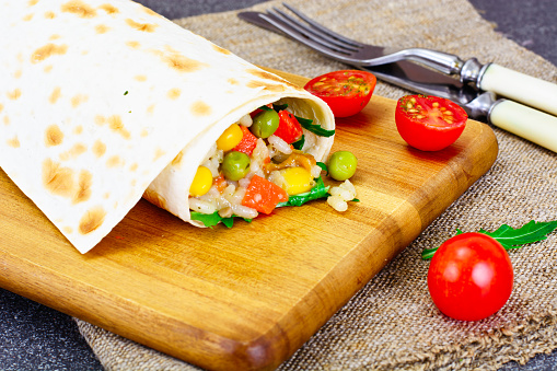 Burrito, Shawarma Lavash with Chicken and Vegetables Studio Photo
