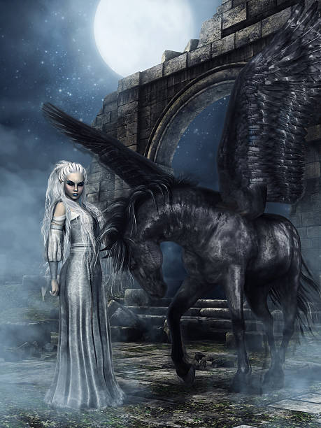 istock Elven princess and black winged horse 518472156