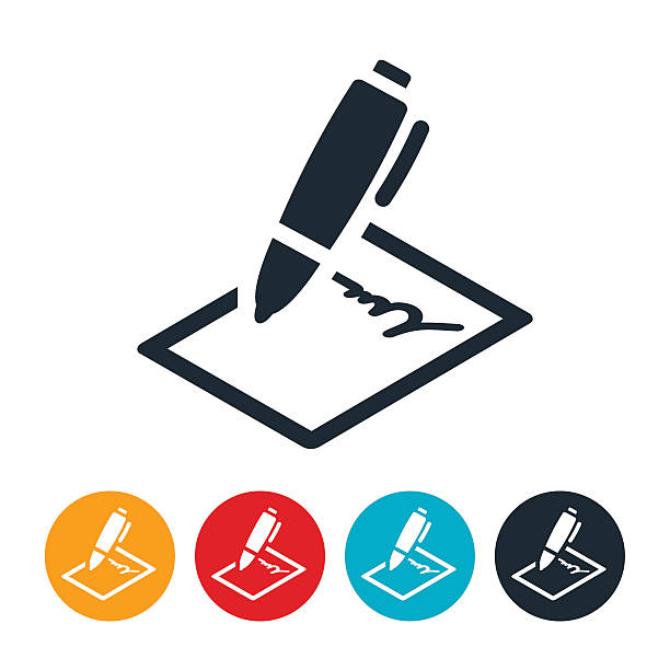 Contract Icon An icon of a contract being signed with a pen. writing activity icons stock illustrations