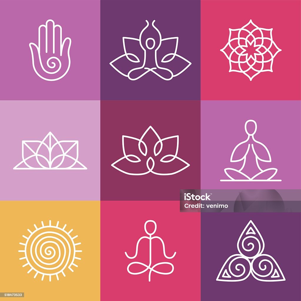 Vector yoga icons and round line signs Vector yoga icons and round line badges - graphic design elements in outline style  or logo templates for spa center or yoga studio Yoga stock vector