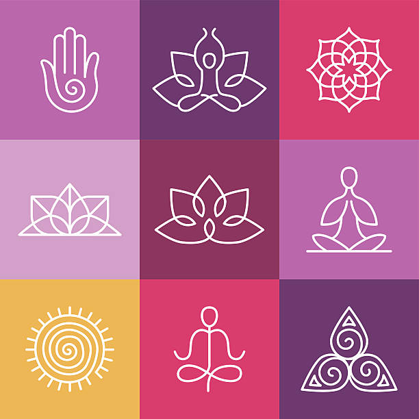 Vector yoga icons and round line signs Vector yoga icons and round line badges - graphic design elements in outline style  or logo templates for spa center or yoga studio buddhism stock illustrations