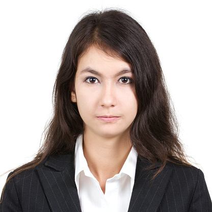 passport photo of young attractive sexy beautiful woman in white shirt and suit isolated on a white background, square ratio