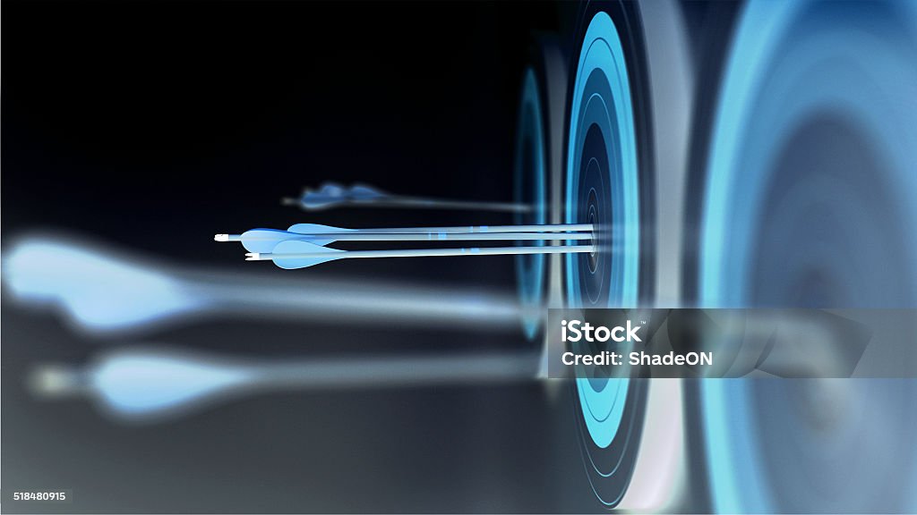 Three artstic pack of arrows hit targets. Simple 3d scene representing arrows, that hit targets with blackvision. Sports Target Stock Photo