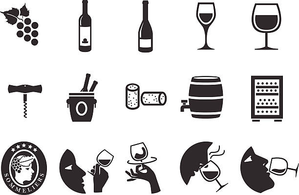 wino ikony-ilustracja - wine cork white wine grape stock illustrations