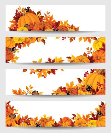 Set of four vector banners with orange pumpkins and colorful autumn leaves.
