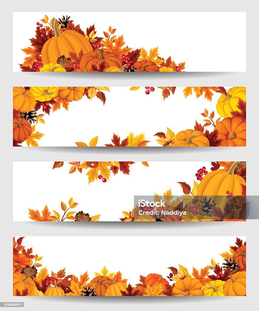 Vector banners with orange pumpkins and autumn leaves. Set of four vector banners with orange pumpkins and colorful autumn leaves. Autumn stock vector