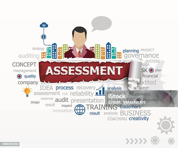Assessment Concept Word Cloud And Business Man Stock Illustration - Download Image Now - Examining, Word Cloud, Comparison