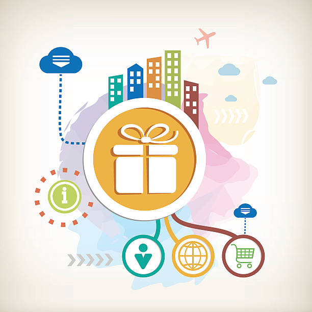 Gift box and city on abstract colorful watercolor background Gift box and city on abstract colorful watercolor background with different icon and elements. Flat design for the print, banner, web, advertising. box plot graph stock illustrations
