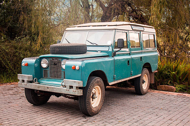 Land Rover old model 4x4 vehicle. Vintage car style. Drakensberg, South Africa - March 25, 2016. Land Rover old model 4x4 vehicle standing in Golden Gate Highlands National Park of South Africa golden gate highlands national park stock pictures, royalty-free photos & images
