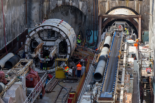 Thessaloniki, Greece - March 28, 2016: Tunnel Boring Machines at construction site of metro in Thessaloniki going back to work after four years