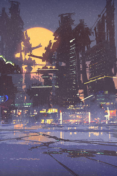 istock illustration painting of sci-fi city 518496036