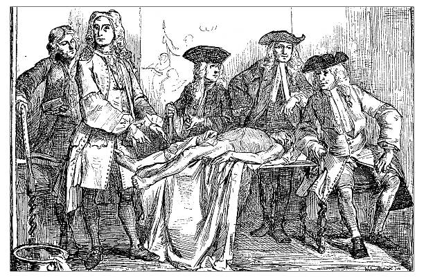 Antique illustration of 18th century anatomy lesson Antique illustration of 18th century anatomy lesson: doctor Professor Roell dissects the body of a dead man and his students are around him (drawing by Steenlink from a painting by from a painting by C. Troost).  18th century style stock illustrations