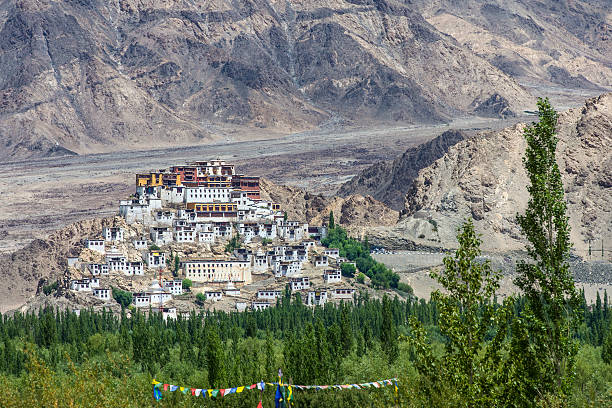 Thikse Monastery seen from the opposite side of Indus River. Thikse Monastery (also Thiksay Gompa) is a monastery affiliated with the Gelug sect of Tibetan Buddhism. It is located on top of a hill in Thiksey village, approximately 19 kilometres east of Leh in Ladakh, India. It is located at an altitude of 3,600 metres (11,800 ft) in the Indus Valley. 
