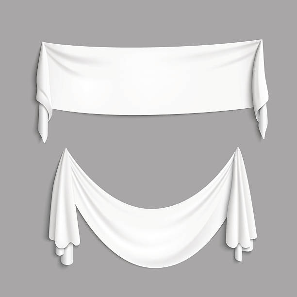 White banner with folds Realistic white textile banners with folds. Vector background clothing hang tags stock illustrations