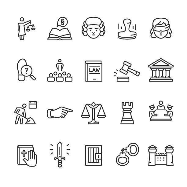 ilustraciones, imágenes clip art, dibujos animados e iconos de stock de ley &  corte vector de icono conjunto - juicio