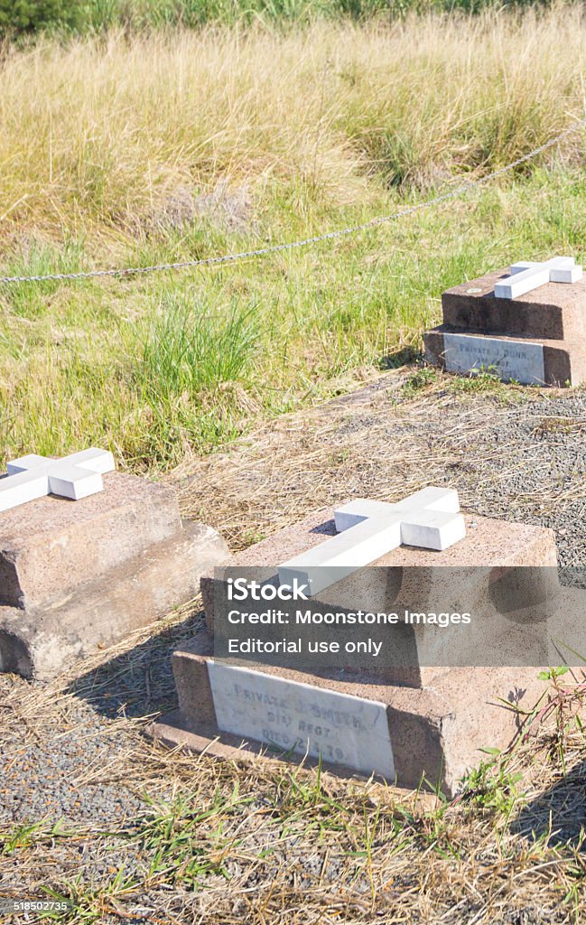 Battle of Gingindlovu in KwaZulu-Natal, South Africa Gingindlovu, South Africa - May 21, 2014: Names visible on graves near Eshowe, the site of the battle of Gingindlovu on 2 April 1879. The Zulu army was defeated by the invading British, who went on to win the Anglo-Zulu War. 19th Century Style Stock Photo