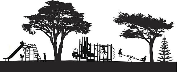 KidsPark Kids playing on a playground cypress tree stock illustrations