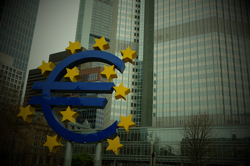Frankfurt, Germany – March 30th, 2016: The old European Central Bank and trademark.