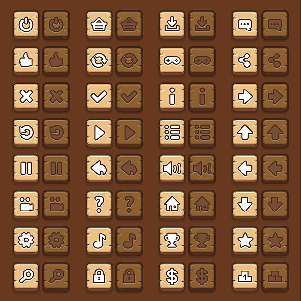 illustrations, cliparts, dessins animés et icônes de menu de jeu d'icônes de boutons en bois set - symbol rusty computer icon old
