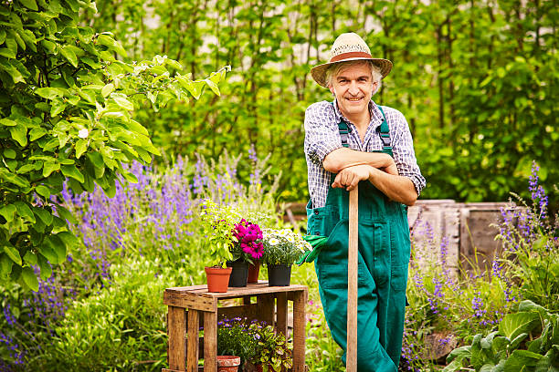 istock Garden spade straw hat standing gardener 518504146