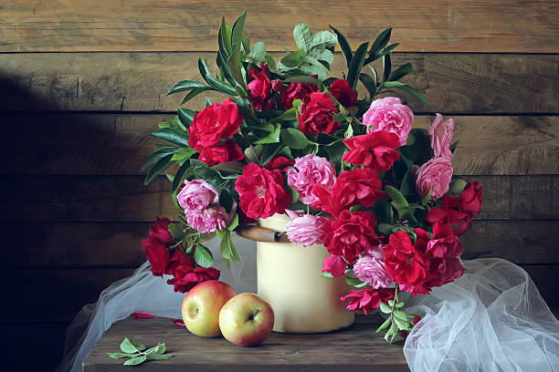 Still life with roses in a milk can and apples on the background of boards in rustic style.