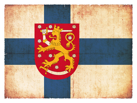 Flag of Finland with coat of arms created in grunge style