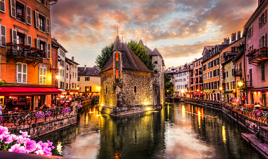 A 12th century prison sits in the middle of the canal on the Thiou River in Annecy, France. 