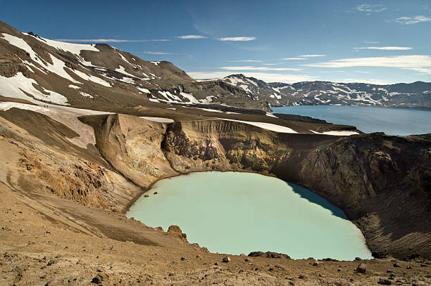 askja volcanoe, islanda - yellow landscapes nature park foto e immagini stock