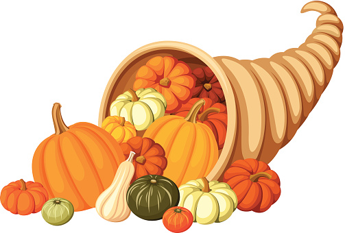 Vector autumn cornucopia with various pumpkins isolated on white.