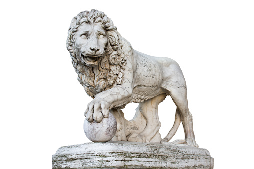 Famous Medici Lion statue by Vacca (1598).  Sculpted of marble and located on the Piazza della Signoria in Florence, Italy.  Isolated on a white background.  Concepts could include art, history, power, culture, others.