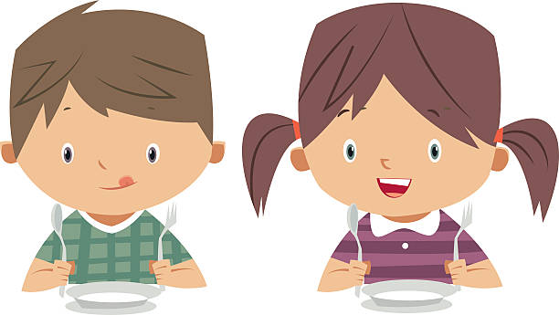 illustrazioni stock, clip art, cartoni animati e icone di tendenza di mangia per bambini - little girls small eating breakfast