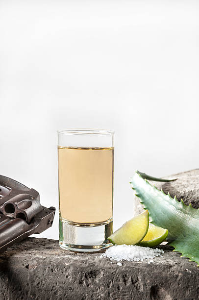 Mexican Tequila Shot Shot glass with Tequila, two slices of lime and salt  peyote cactus stock pictures, royalty-free photos & images