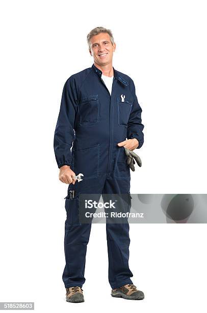 Successful Mechanic Stock Photo - Download Image Now - Mechanic, White Background, Coveralls