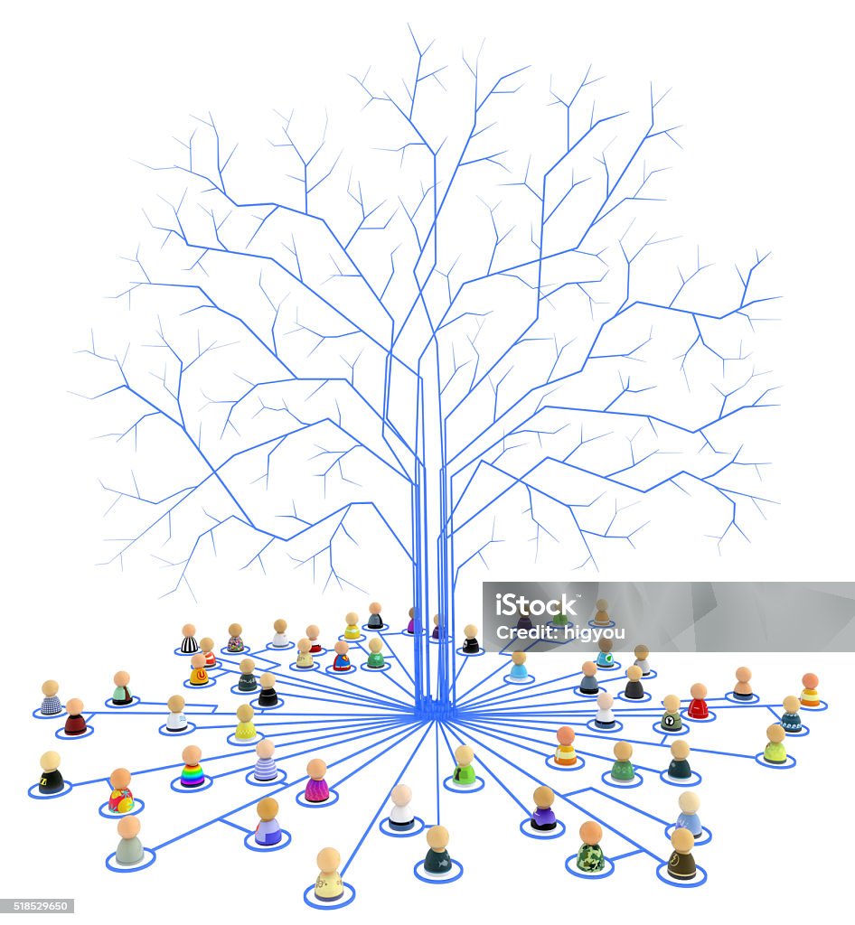 Cartoon Crowd, Link Tree Roots Crowd of small symbolic figures linked by lines, isolated, over white, 3d illustration Root Stock Photo