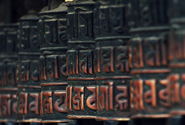 Close-up of rolls of prayer in Buddhist temples in Nepal
