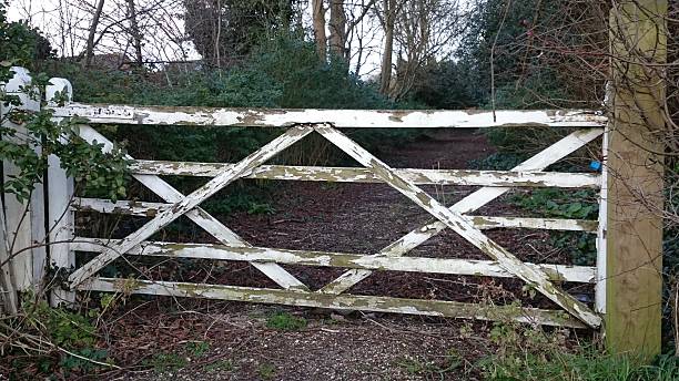 Old gate in the forest Old wooden gate letchworth garden city stock pictures, royalty-free photos & images