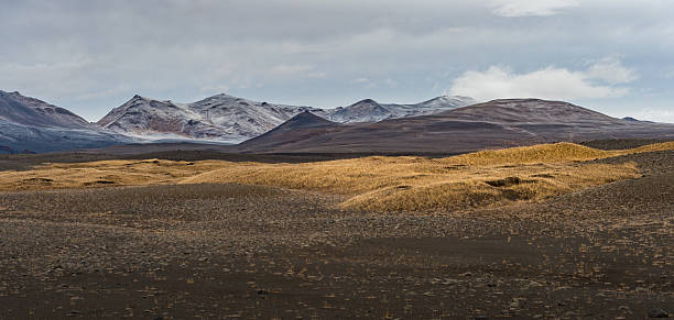 istock Snow mountain range scene with yellow field 518533134