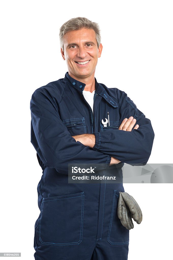 Happy Mature Mechanic Portrait Of Confident Mature Mechanic In Overalls With Arm Crossed Looking At Camera Isolated On White Background Mechanic Stock Photo