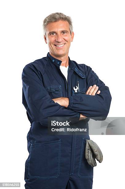 Happy Mature Mechanic Stock Photo - Download Image Now - Mechanic, Auto Mechanic, White Background