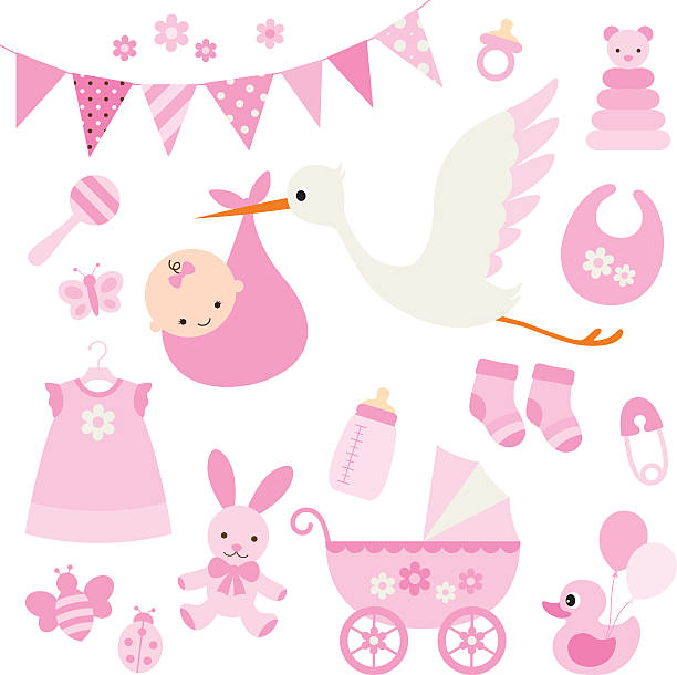 ilustraciones, imágenes clip art, dibujos animados e iconos de stock de niña bebé ducha y artículos para bebés - niñas bebés