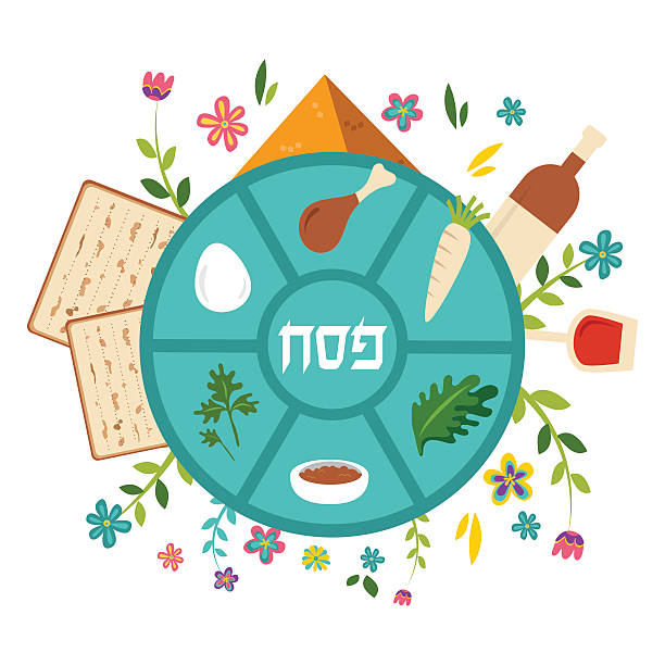 ilustraciones, imágenes clip art, dibujos animados e iconos de stock de pésaj plato del séder con decoración con flores, pascua judía en hebreo la - seder passover seder plate matzo