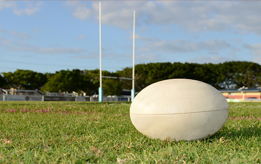 Rugby ball resting on a playing field with the goal posts in the background