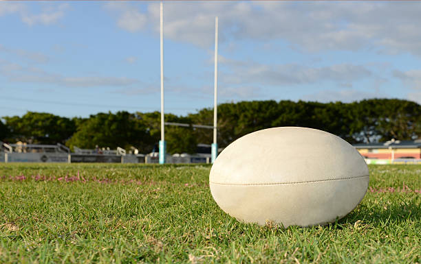 bola de rúgbi em um campo desportivo - rugby wooden post goal post rugby post - fotografias e filmes do acervo