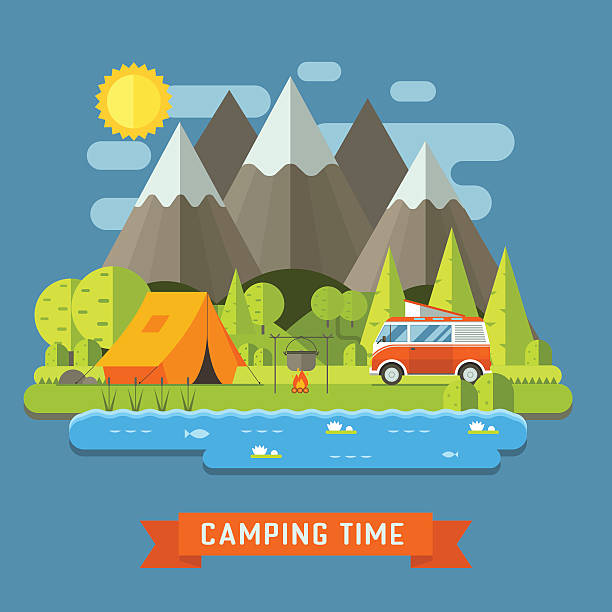 ilustraciones, imágenes clip art, dibujos animados e iconos de stock de viajes de acampada paisaje con casas rodantes camper plana - coach bus illustrations