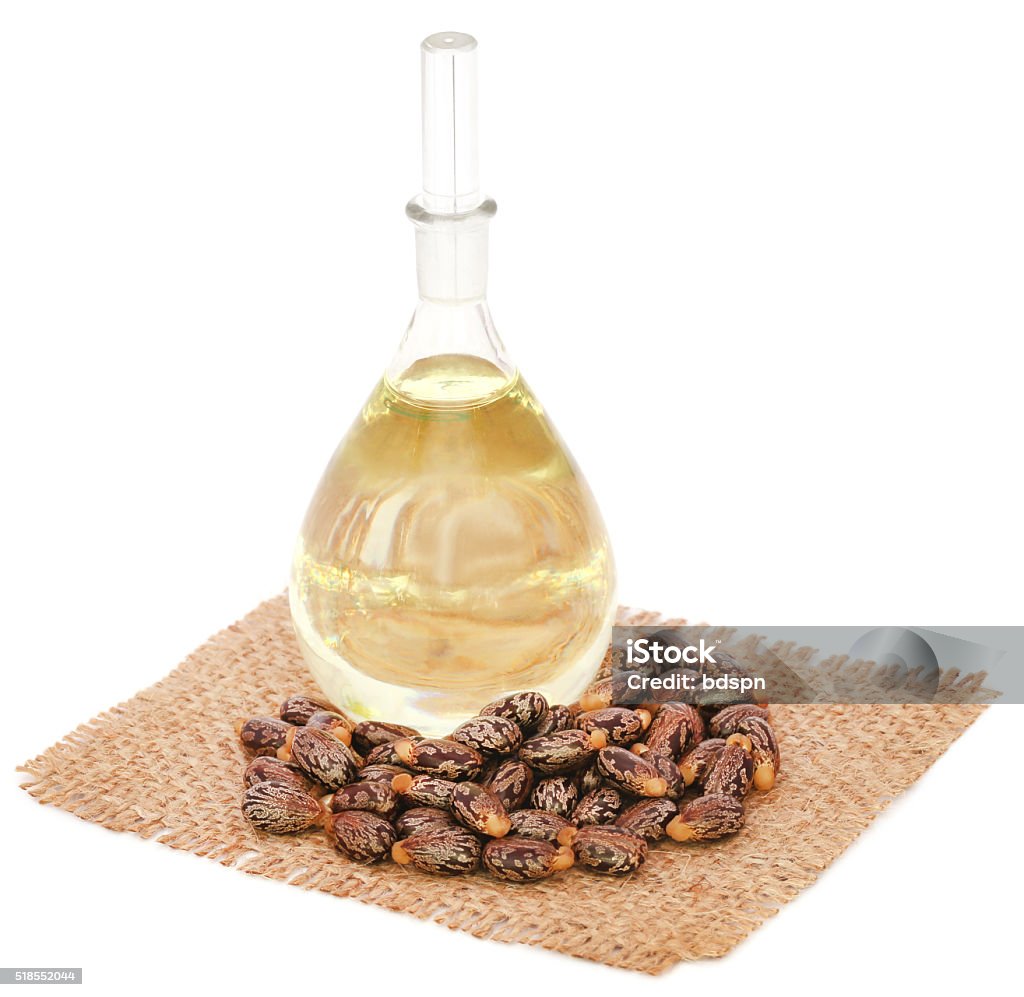 Castor oil with beans on sack Castor oil with beans on sack over white background Bean Stock Photo