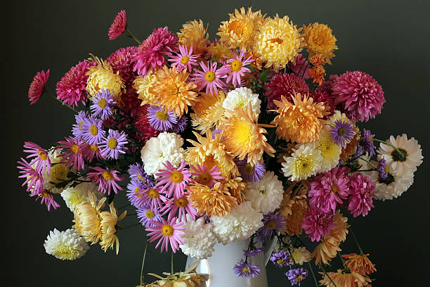 istock Autumn bouquet with chrysanthemums on a dark background. 518555948