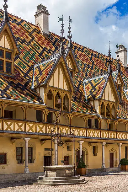 The Hotel-Dieu (Medieval Hospice) in Beaune. Dates from 1443 when it was built to remedy the suffering of the towns poor. Beaune is the wine capital of Burgundy in eastern France.