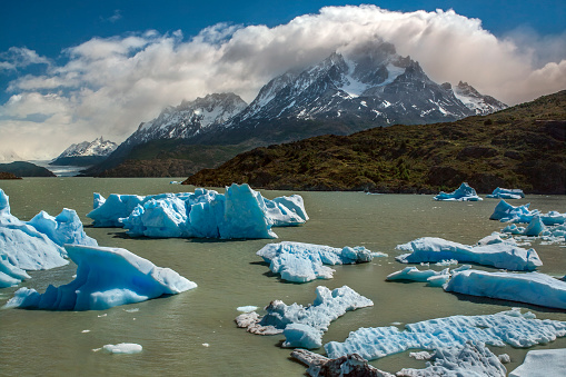 Icebergs from the Grey Glacier (in the far distance) in Grey Lake in the Southern Patagonian Ice Field in Torres del Paine National Park in southern Chile.